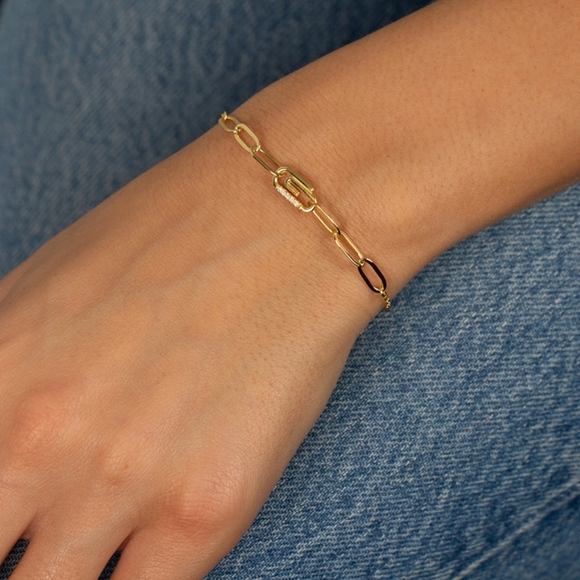 Adina Eden Pave Safety‎ Pin Paperclip Bracelet Gold Plated Sterling Silver - Picture 2 of 6